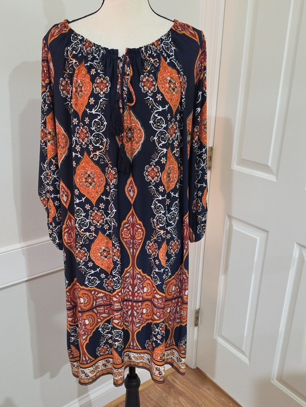 Enfocus Studio Boho Paisley Midi Shift Dress Navy Orange Tassel Peasant Size 14W